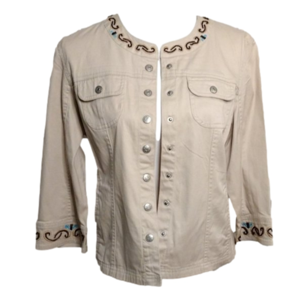 DRESS Barn beaded accent khaki cotton/spandex jacket. Snap‎ close. Sz. L